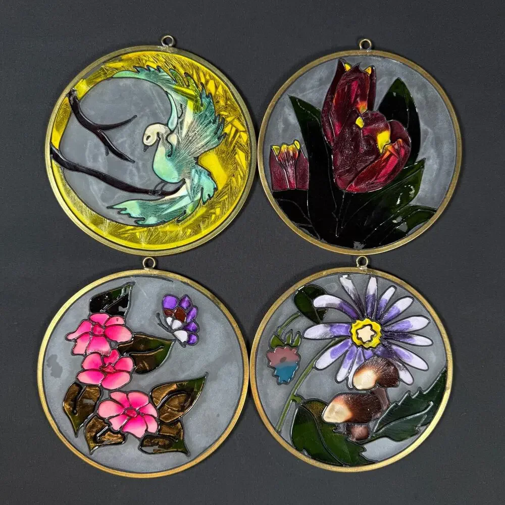 Lot of 4 Handcrafted Chartray Glass Art Panels (USA) Vintage flowers bird